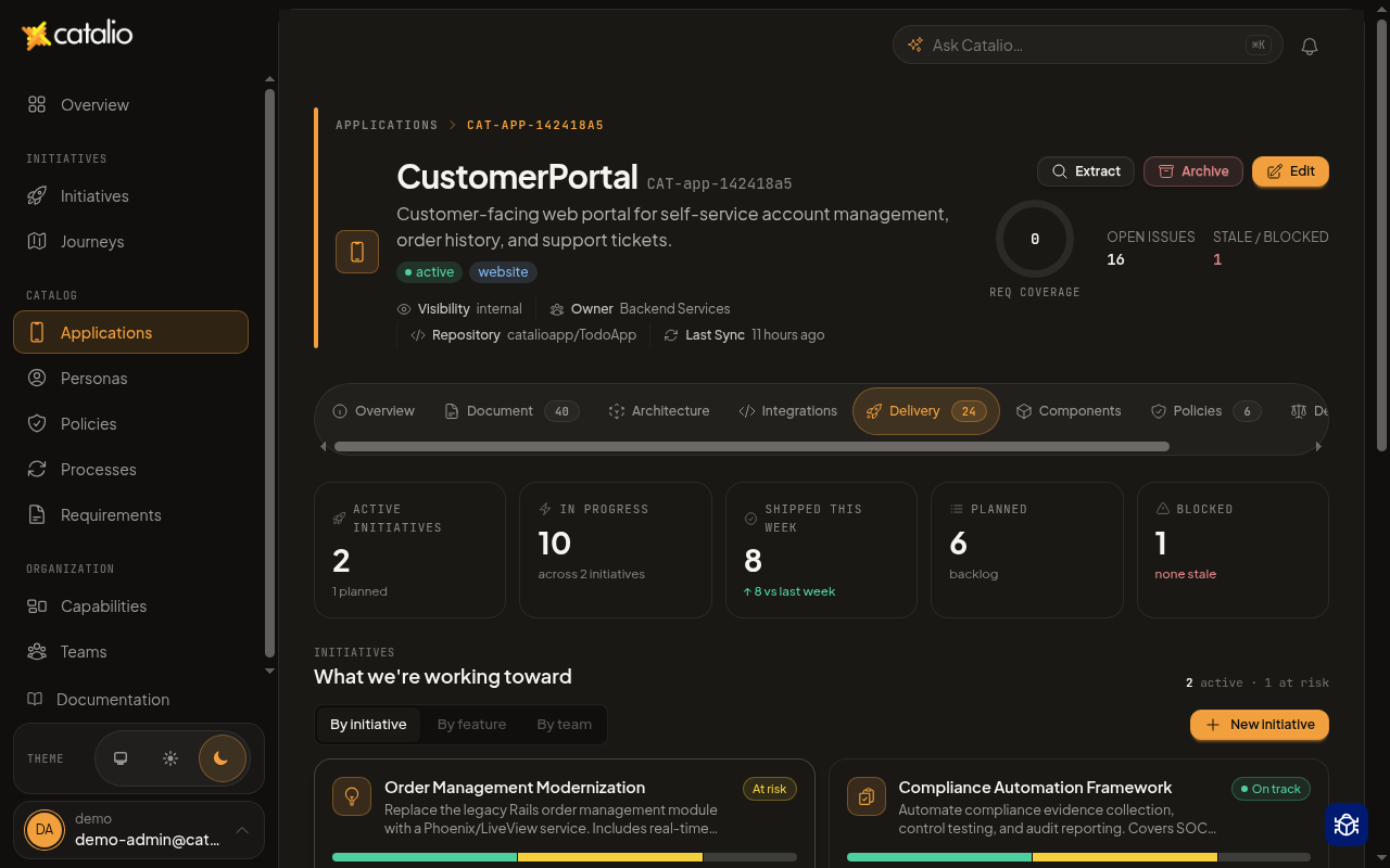 Catalio application delivery view for a client engagement