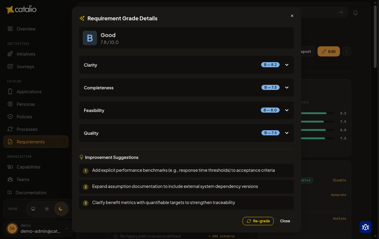 Catalio requirement AI summary and tags